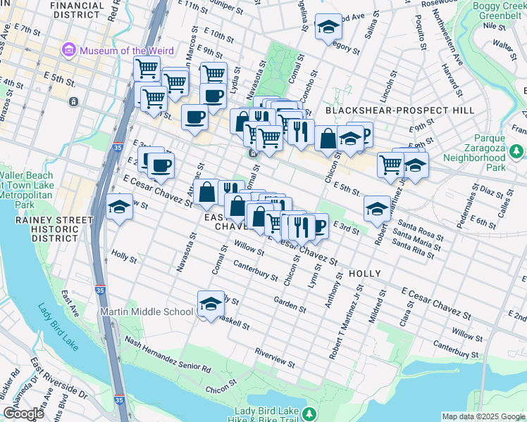 map of restaurants, bars, coffee shops, grocery stores, and more near in Austin