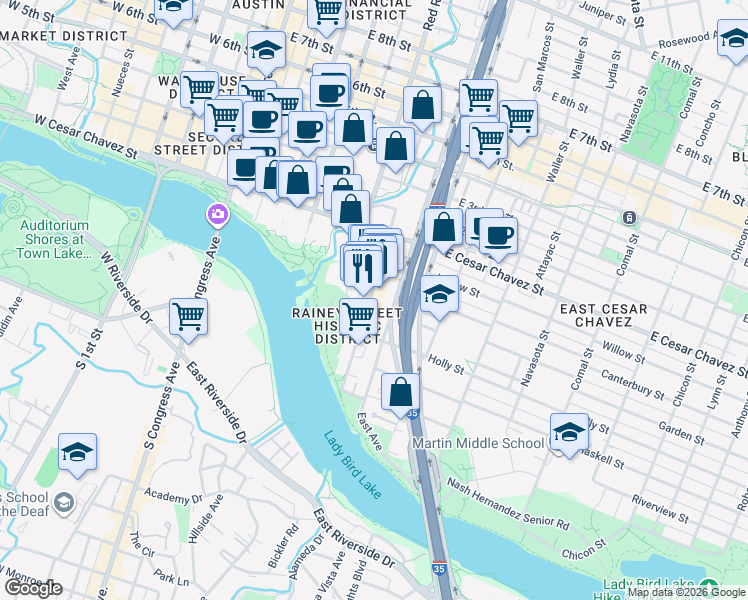 map of restaurants, bars, coffee shops, grocery stores, and more near 85 1/2 Rainey Street in Austin