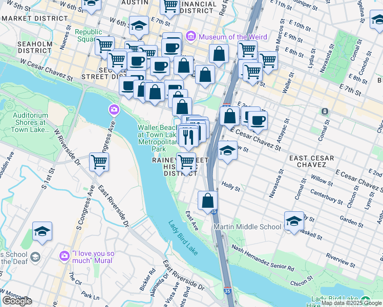 map of restaurants, bars, coffee shops, grocery stores, and more near 85 1/2 Rainey Street in Austin