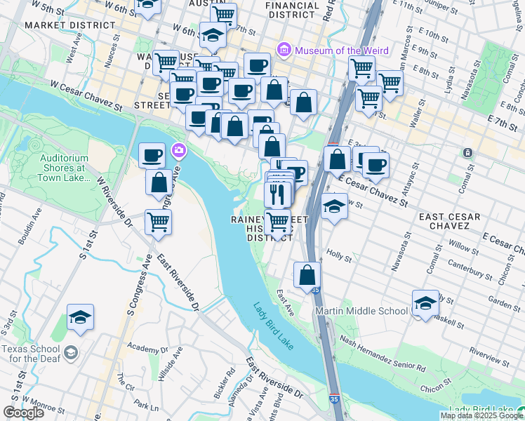 map of restaurants, bars, coffee shops, grocery stores, and more near 80 1/2 Red River Street in Austin