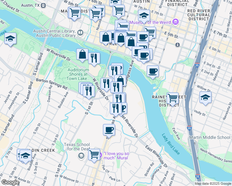map of restaurants, bars, coffee shops, grocery stores, and more near 220 Barton Springs Road in Austin