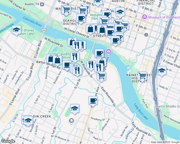 map of restaurants, bars, coffee shops, grocery stores, and more near 401 1/2 West Riverside Drive in Austin