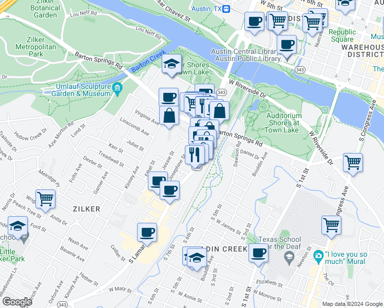 map of restaurants, bars, coffee shops, grocery stores, and more near 605 Josephine Street in Austin