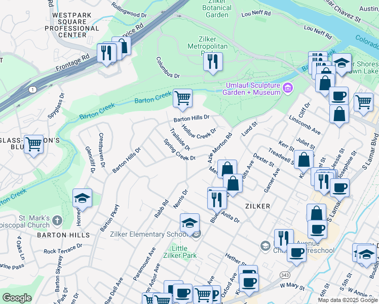 map of restaurants, bars, coffee shops, grocery stores, and more near 2302 Trailside Drive in Austin