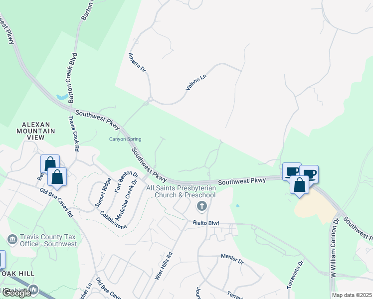 map of restaurants, bars, coffee shops, grocery stores, and more near 7901 Southwest Parkway in Austin