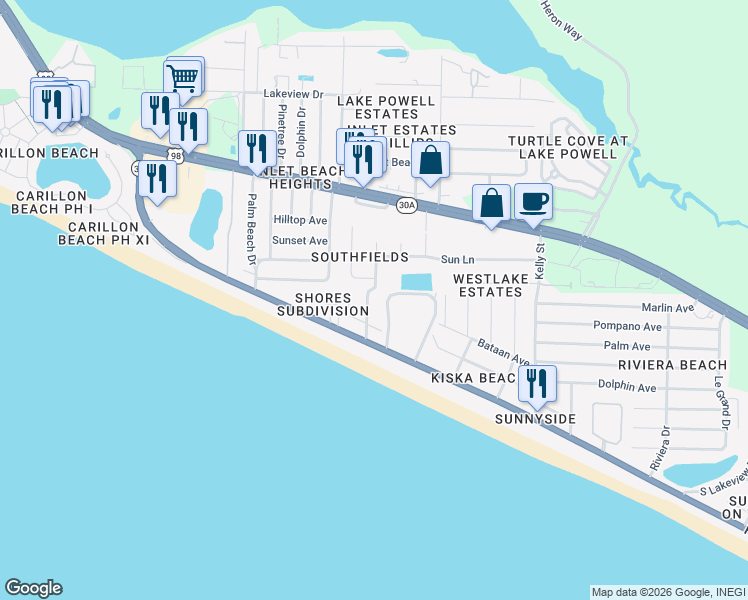 map of restaurants, bars, coffee shops, grocery stores, and more near 158 Southfields Road in Panama City Beach