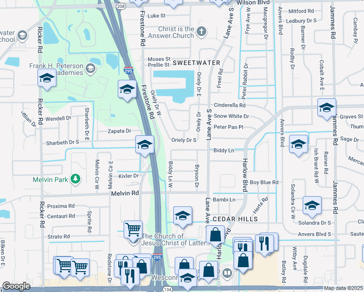 map of restaurants, bars, coffee shops, grocery stores, and more near 6966 Oriely Drive South in Jacksonville