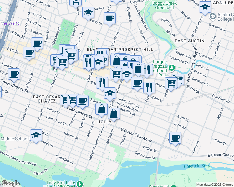 map of restaurants, bars, coffee shops, grocery stores, and more near 417 Robert T Martinez Junior Street in Austin