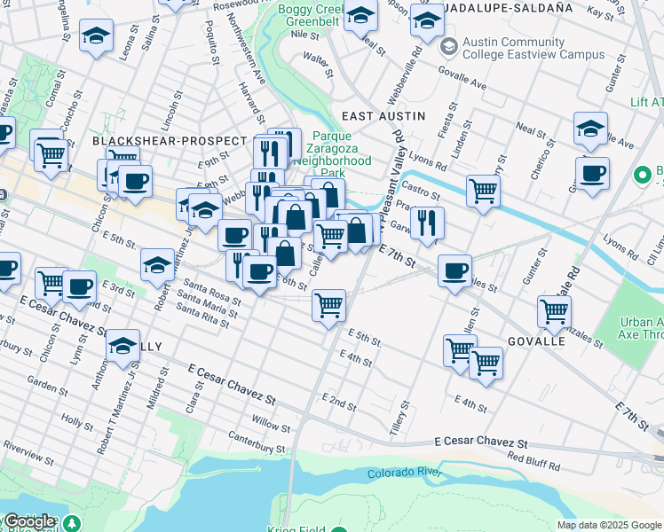 map of restaurants, bars, coffee shops, grocery stores, and more near 2701 East 7th Street in Austin