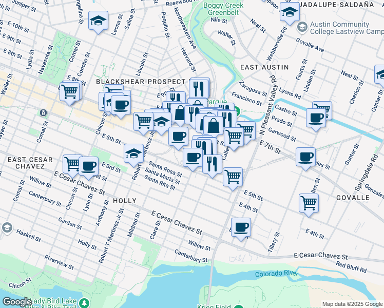 map of restaurants, bars, coffee shops, grocery stores, and more near 2416 East 6th Street in Austin