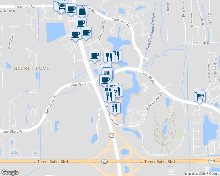 map of restaurants, bars, coffee shops, grocery stores, and more near 9734 Tapestry Park Cir in Jacksonville