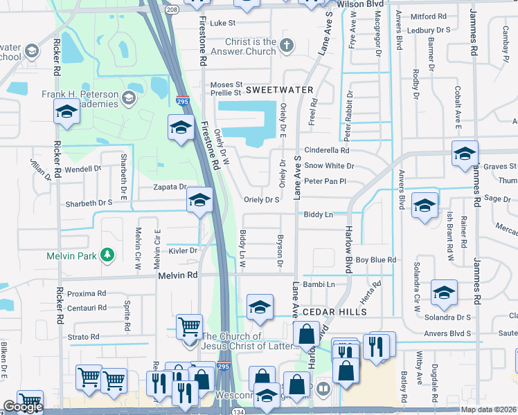 map of restaurants, bars, coffee shops, grocery stores, and more near 6966 Oriely Drive South in Jacksonville