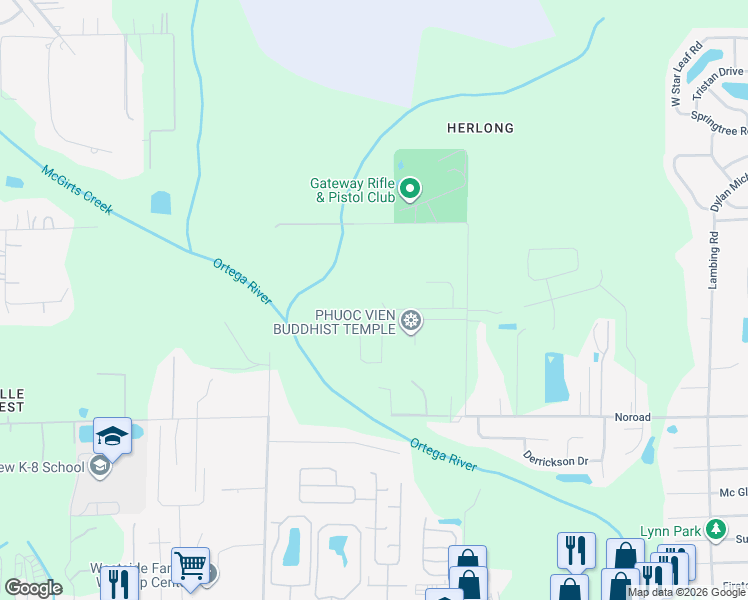 map of restaurants, bars, coffee shops, grocery stores, and more near 9279 Caracara Drive in Jacksonville