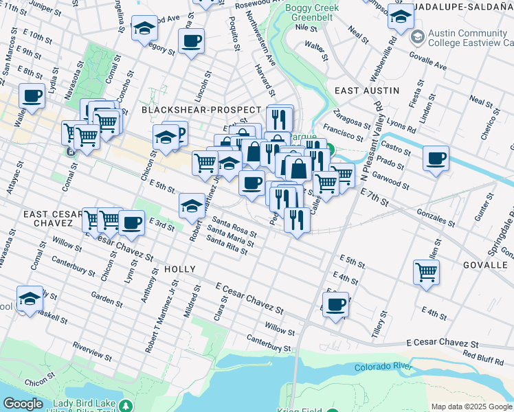 map of restaurants, bars, coffee shops, grocery stores, and more near 2400 East 6th Street in Austin