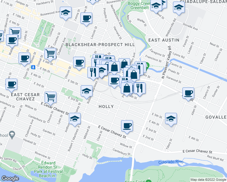 map of restaurants, bars, coffee shops, grocery stores, and more near 2400 East 6th Street in Austin