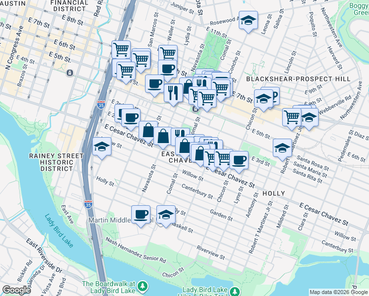 map of restaurants, bars, coffee shops, grocery stores, and more near in Austin