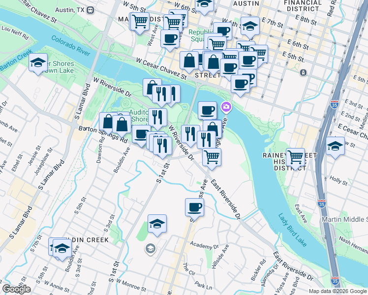 map of restaurants, bars, coffee shops, grocery stores, and more near 401 1/2 West Riverside Drive in Austin
