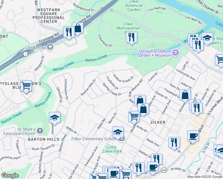 map of restaurants, bars, coffee shops, grocery stores, and more near 2406 Spring Creek Drive in Austin