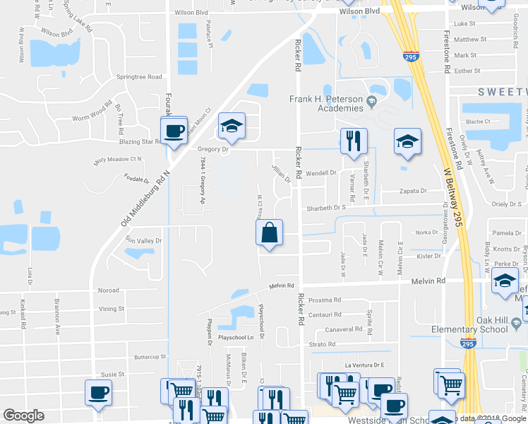 map of restaurants, bars, coffee shops, grocery stores, and more near 4379 Melissa Court West in Jacksonville