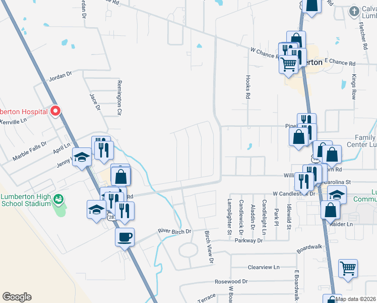 map of restaurants, bars, coffee shops, grocery stores, and more near 1400 Kalas Circle in Lumberton