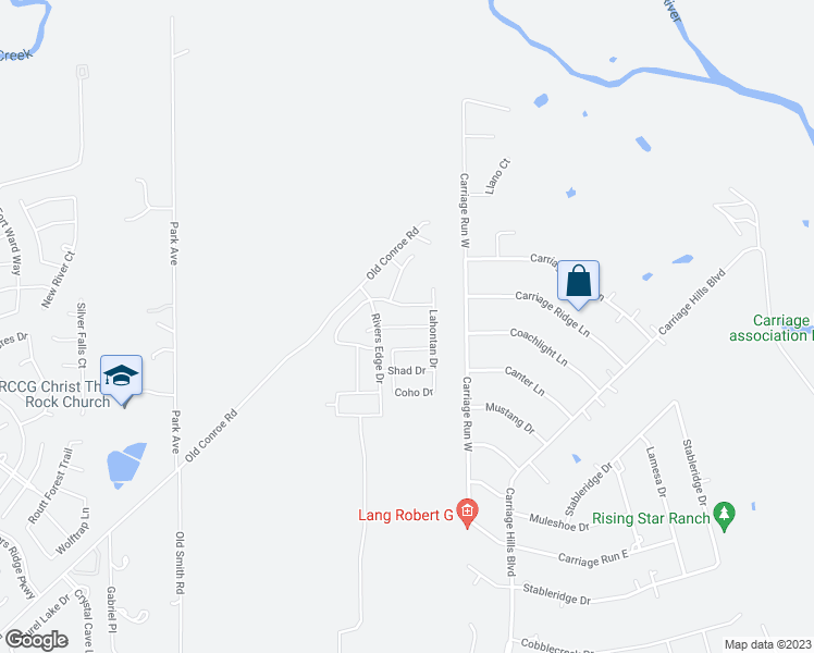 map of restaurants, bars, coffee shops, grocery stores, and more near 2445 Carriage Ridge Lane in Conroe