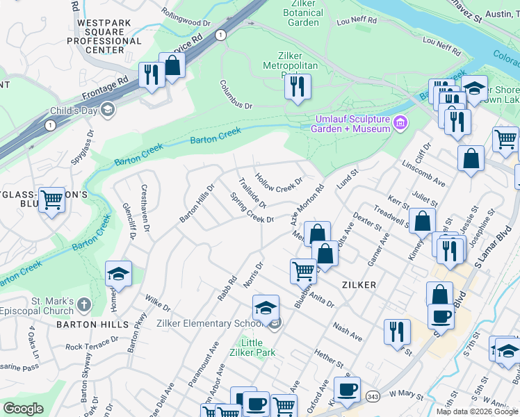 map of restaurants, bars, coffee shops, grocery stores, and more near 2302 Trailside Drive in Austin