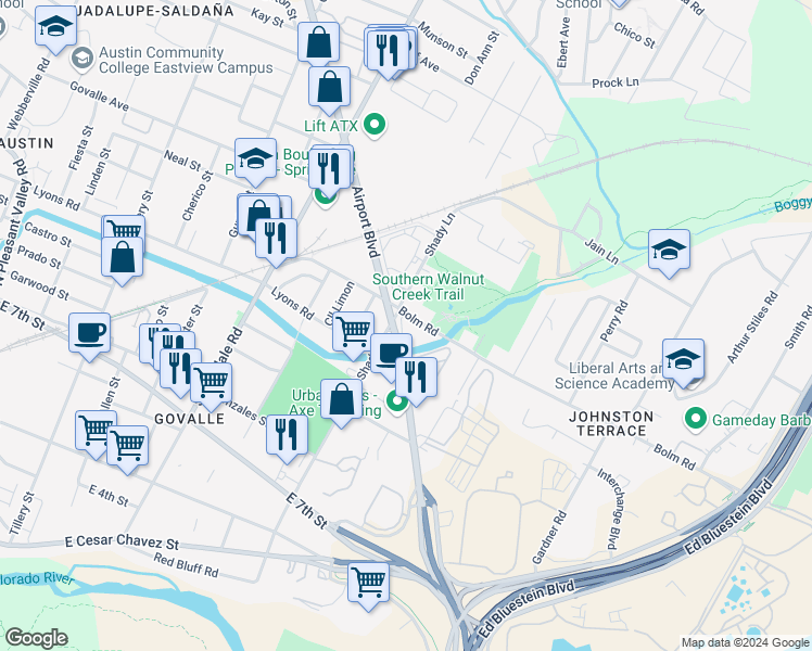 map of restaurants, bars, coffee shops, grocery stores, and more near 863 Airport Boulevard in Austin