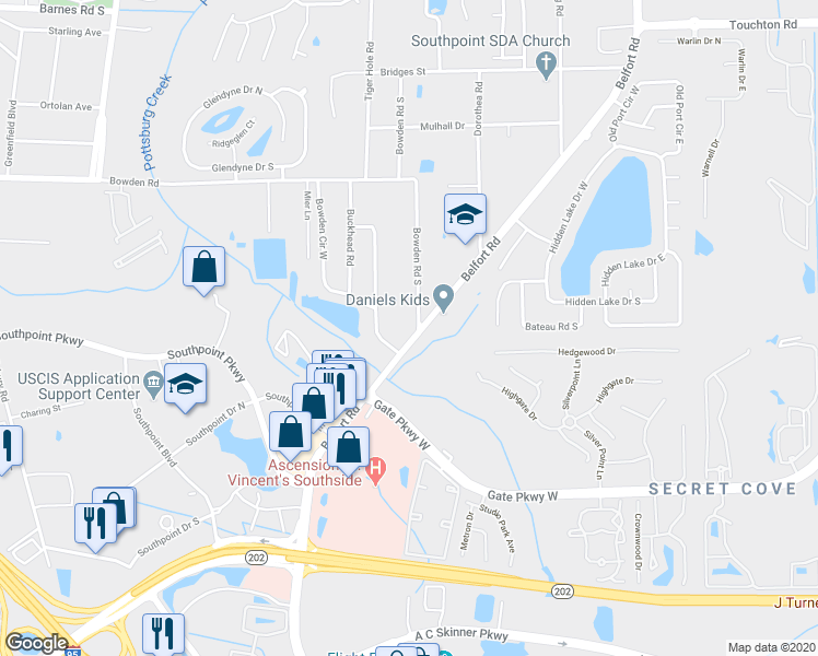 map of restaurants, bars, coffee shops, grocery stores, and more near 3840 Belfort Road in Jacksonville