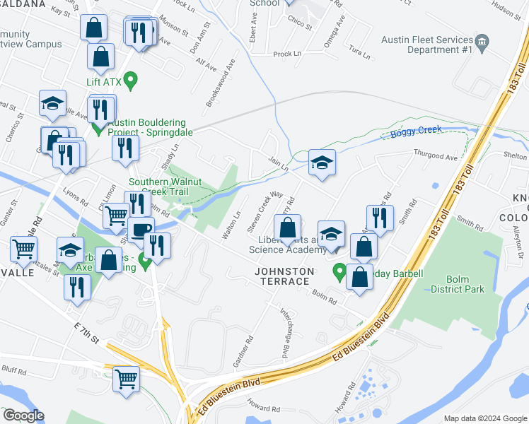 map of restaurants, bars, coffee shops, grocery stores, and more near 5703 Steven Creek Way in Austin