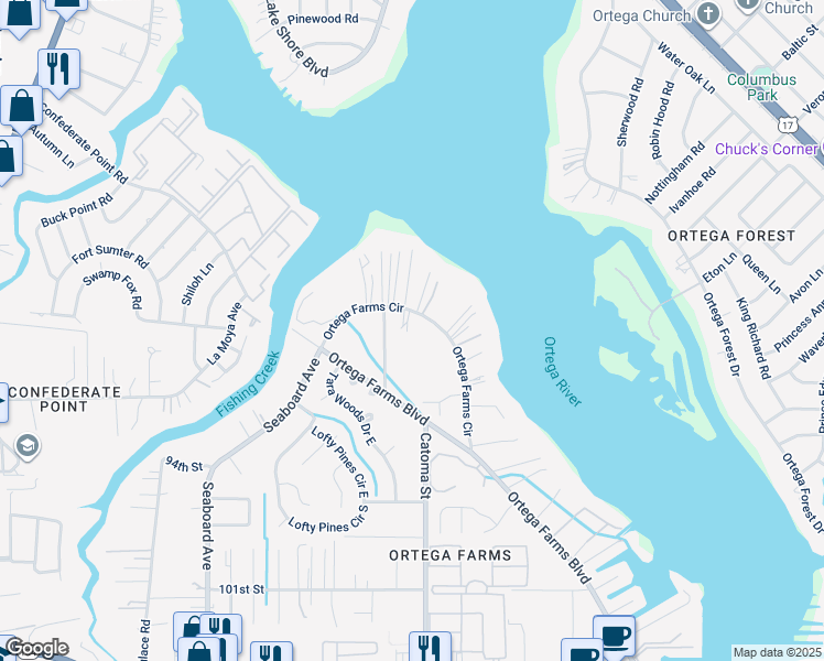 map of restaurants, bars, coffee shops, grocery stores, and more near 4444 Ortega Farms Circle in Jacksonville