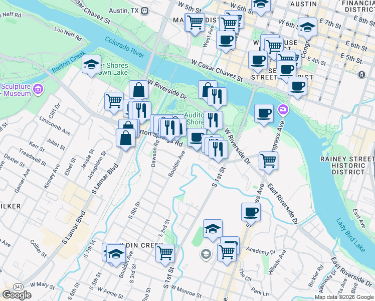map of restaurants, bars, coffee shops, grocery stores, and more near 811 Barton Springs Road in Austin