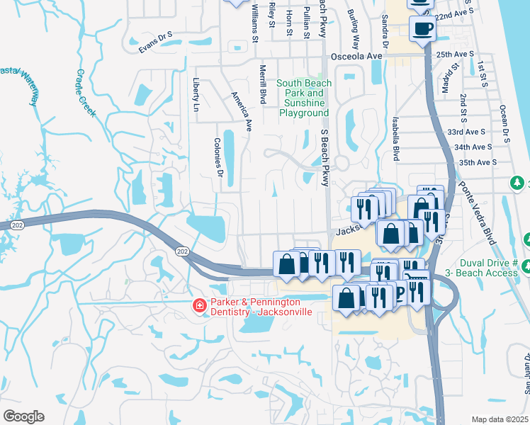 map of restaurants, bars, coffee shops, grocery stores, and more near 3848 Grande Boulevard in Jacksonville Beach