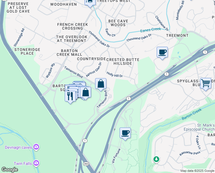 map of restaurants, bars, coffee shops, grocery stores, and more near 3050 Tamarron Boulevard in Austin