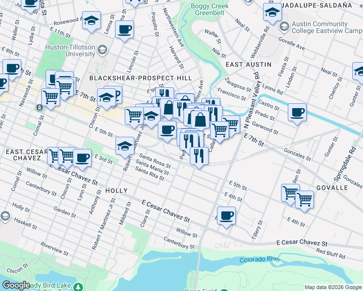 map of restaurants, bars, coffee shops, grocery stores, and more near 607 Pedernales Street in Austin