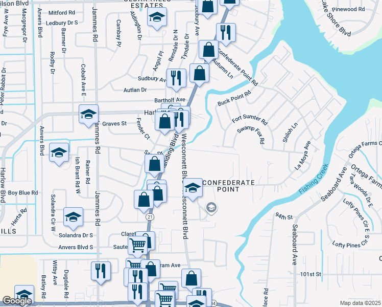 map of restaurants, bars, coffee shops, grocery stores, and more near 4513 Wesconnett Boulevard in Jacksonville