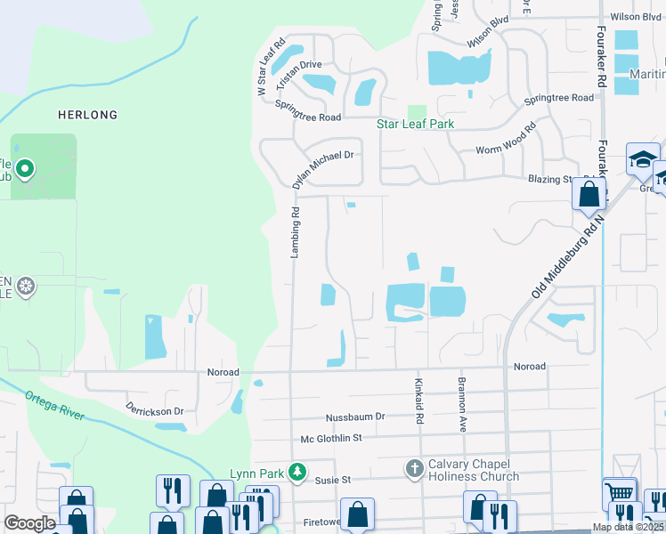 map of restaurants, bars, coffee shops, grocery stores, and more near 4567 Glendas Meadow Drive in Jacksonville