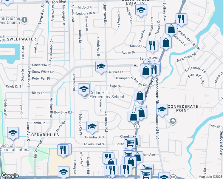 map of restaurants, bars, coffee shops, grocery stores, and more near 6338 Mercado Drive in Jacksonville