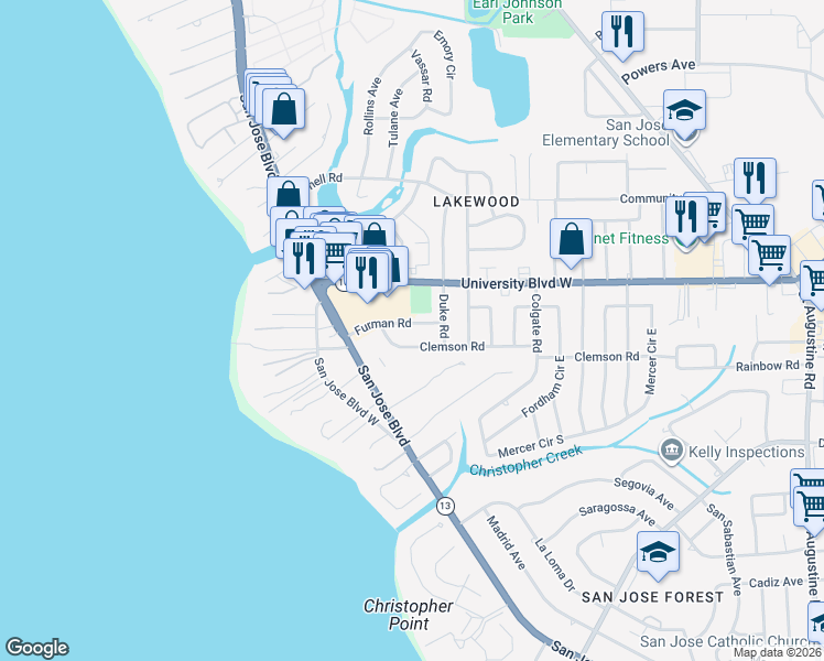 map of restaurants, bars, coffee shops, grocery stores, and more near 1705 Furman Road in Jacksonville
