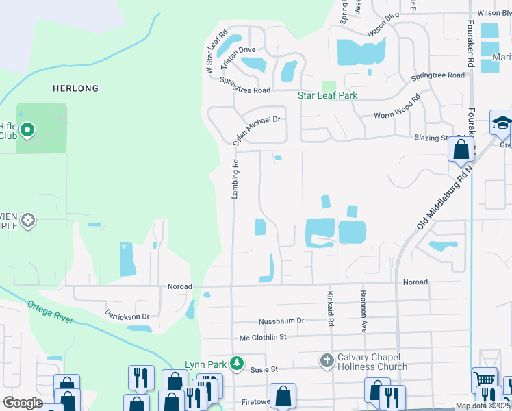 map of restaurants, bars, coffee shops, grocery stores, and more near 4564 Glendas Meadow Drive in Jacksonville