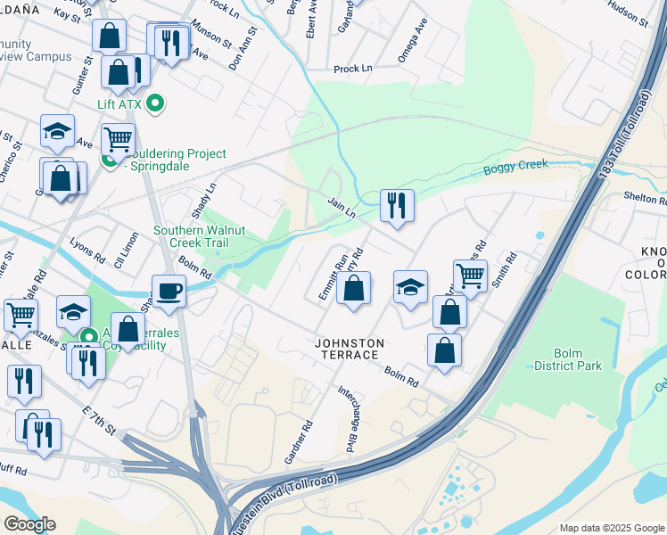 map of restaurants, bars, coffee shops, grocery stores, and more near 1128 Emmitt Run in Austin