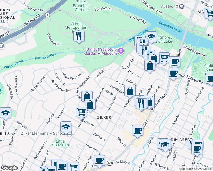 map of restaurants, bars, coffee shops, grocery stores, and more near 1819 Treadwell Street in Austin