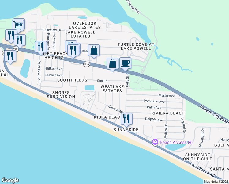 map of restaurants, bars, coffee shops, grocery stores, and more near 21921 Sunnyside Ln in Panama City Beach