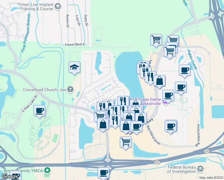 map of restaurants, bars, coffee shops, grocery stores, and more near 10075 Gate Parkway North in Jacksonville