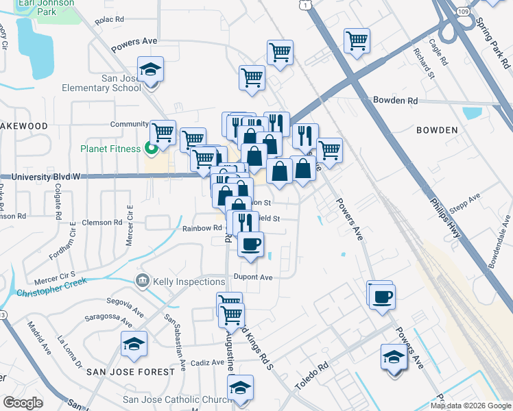 map of restaurants, bars, coffee shops, grocery stores, and more near 3606 Morton Street in Jacksonville