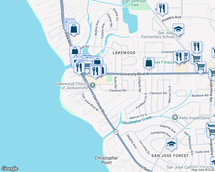 map of restaurants, bars, coffee shops, grocery stores, and more near 1705 Furman Road in Jacksonville
