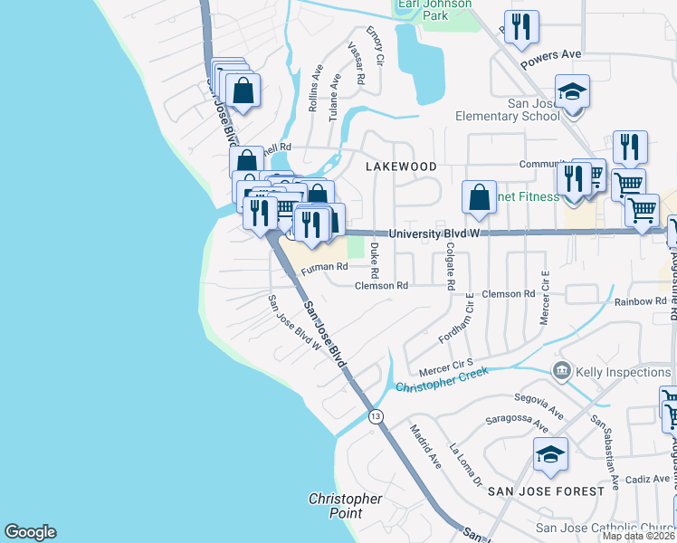 map of restaurants, bars, coffee shops, grocery stores, and more near 1705 Furman Road in Jacksonville