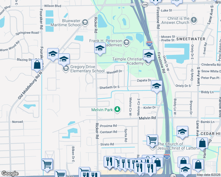 map of restaurants, bars, coffee shops, grocery stores, and more near 7513 Sharbeth Drive South in Jacksonville