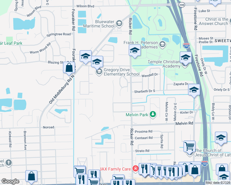 map of restaurants, bars, coffee shops, grocery stores, and more near 4365 Melissa Court North in Jacksonville