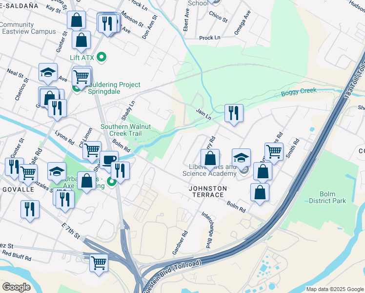 map of restaurants, bars, coffee shops, grocery stores, and more near 1123 Walton Lane in Austin
