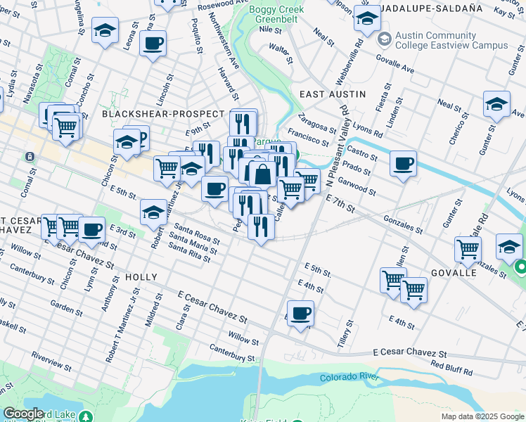 map of restaurants, bars, coffee shops, grocery stores, and more near 2602 Hidalgo Street in Austin